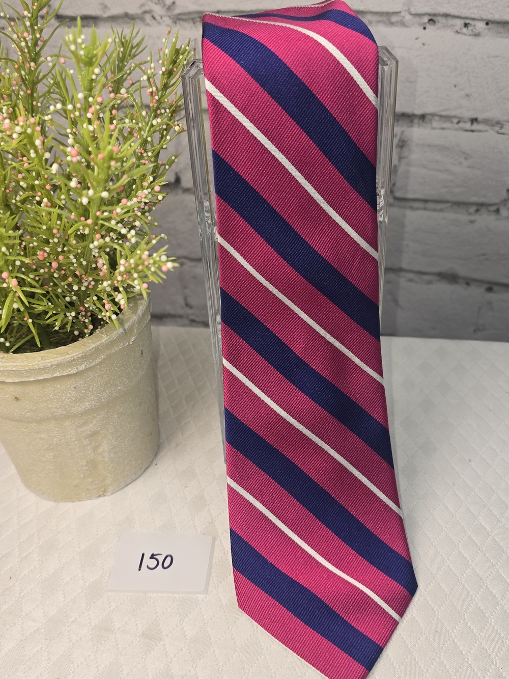 LAUREN RALPH LAUREN SILK TIE RASBERRY AND NAVY BOLD DIAGONAL STRIPES MENS